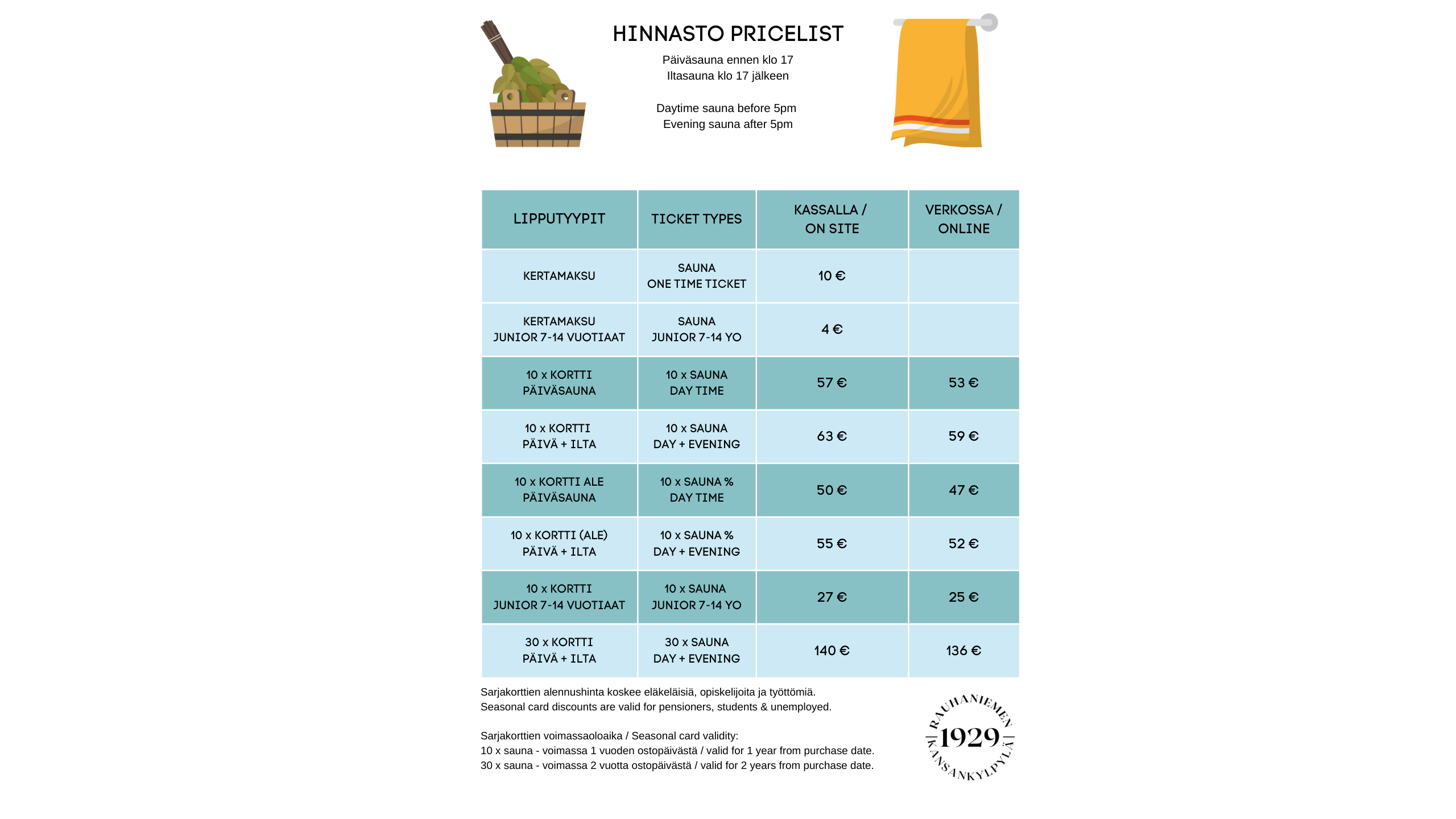 Rauhaniemen uudet hinnat ja aukioloajat - Rauhaniemen Kansankylpylä